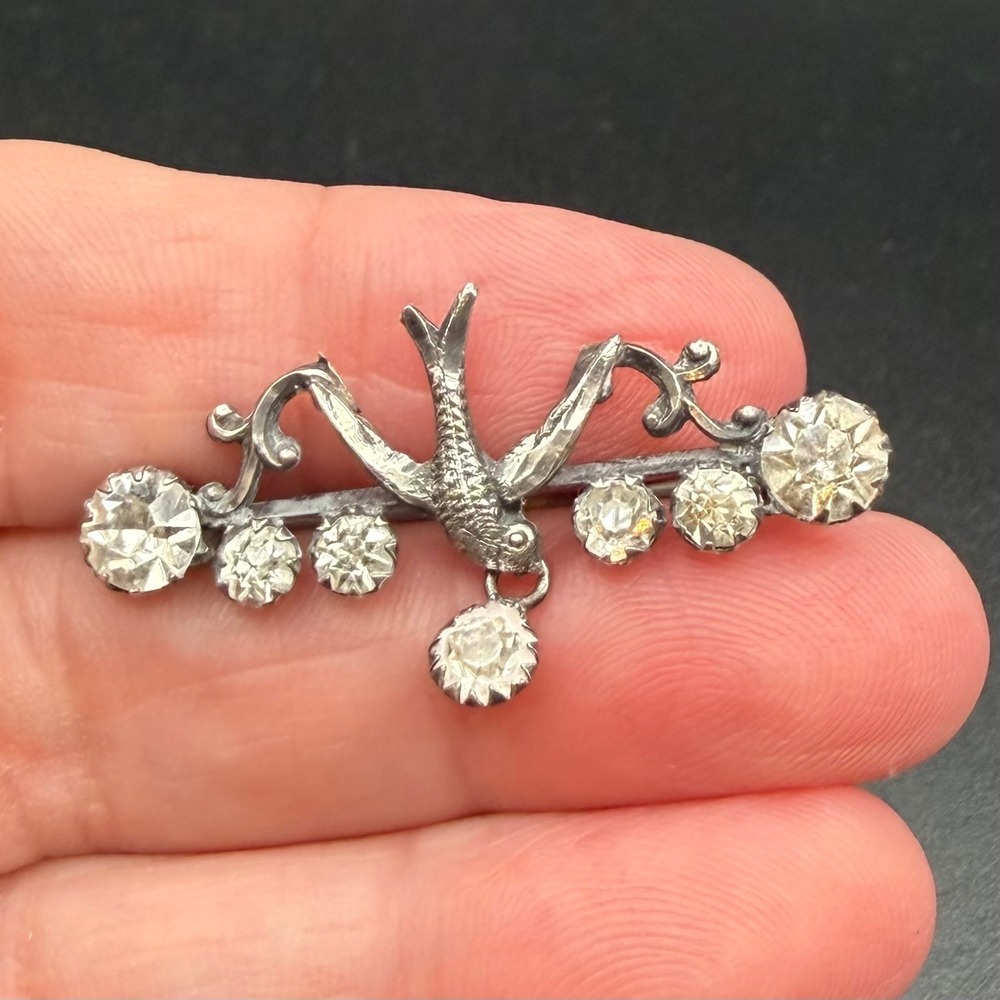 Vintage Victorian Silver Paste Swallow Brooch Bird Dangle C-Clasp 1.5"